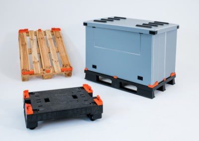 wi-sales ThorLock Holzpalette oder Kunststoffpalette wird nach einfacher Montage zum klappbaren Transportbehälter